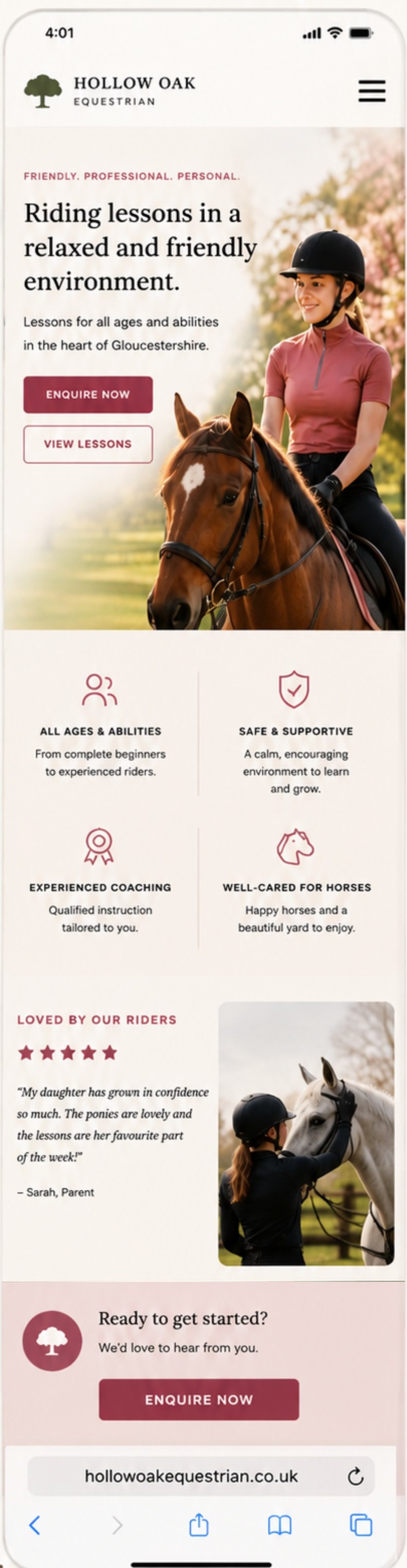 Hollow Oak Equestrian's new website — clean layout, clear lesson info and enquiry buttons
