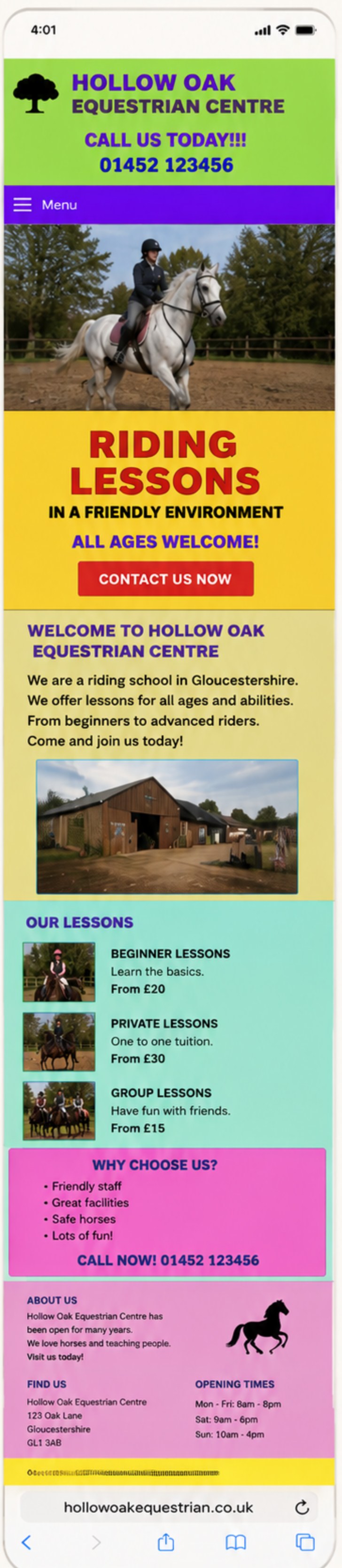 Hollow Oak Equestrian's old website — cluttered, clashing colours and no clear enquiry route