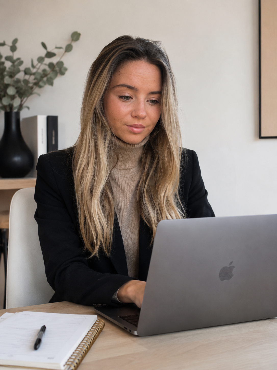 Lilah, founder of Mares & Makers, working at her laptop on web design and marketing