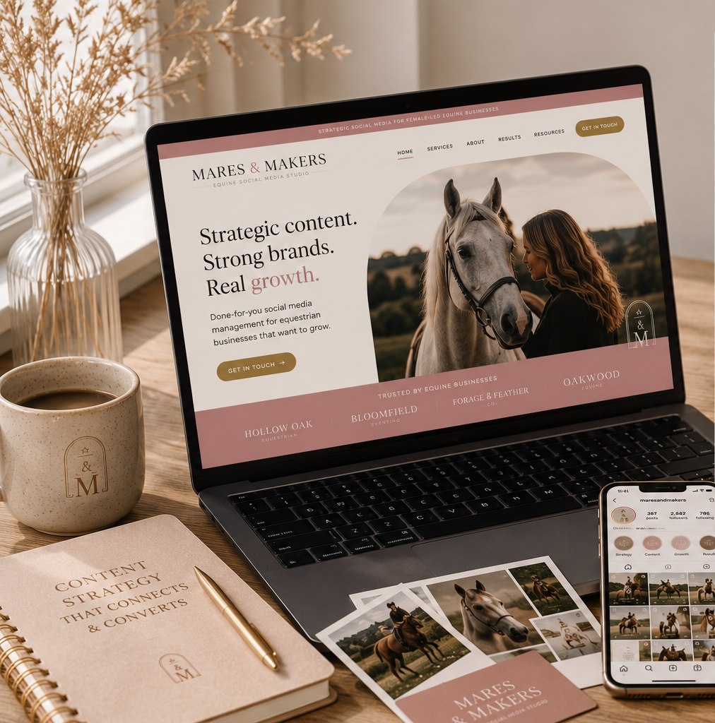 Mares & Makers website on a laptop and Instagram feed on a phone, on a styled desk