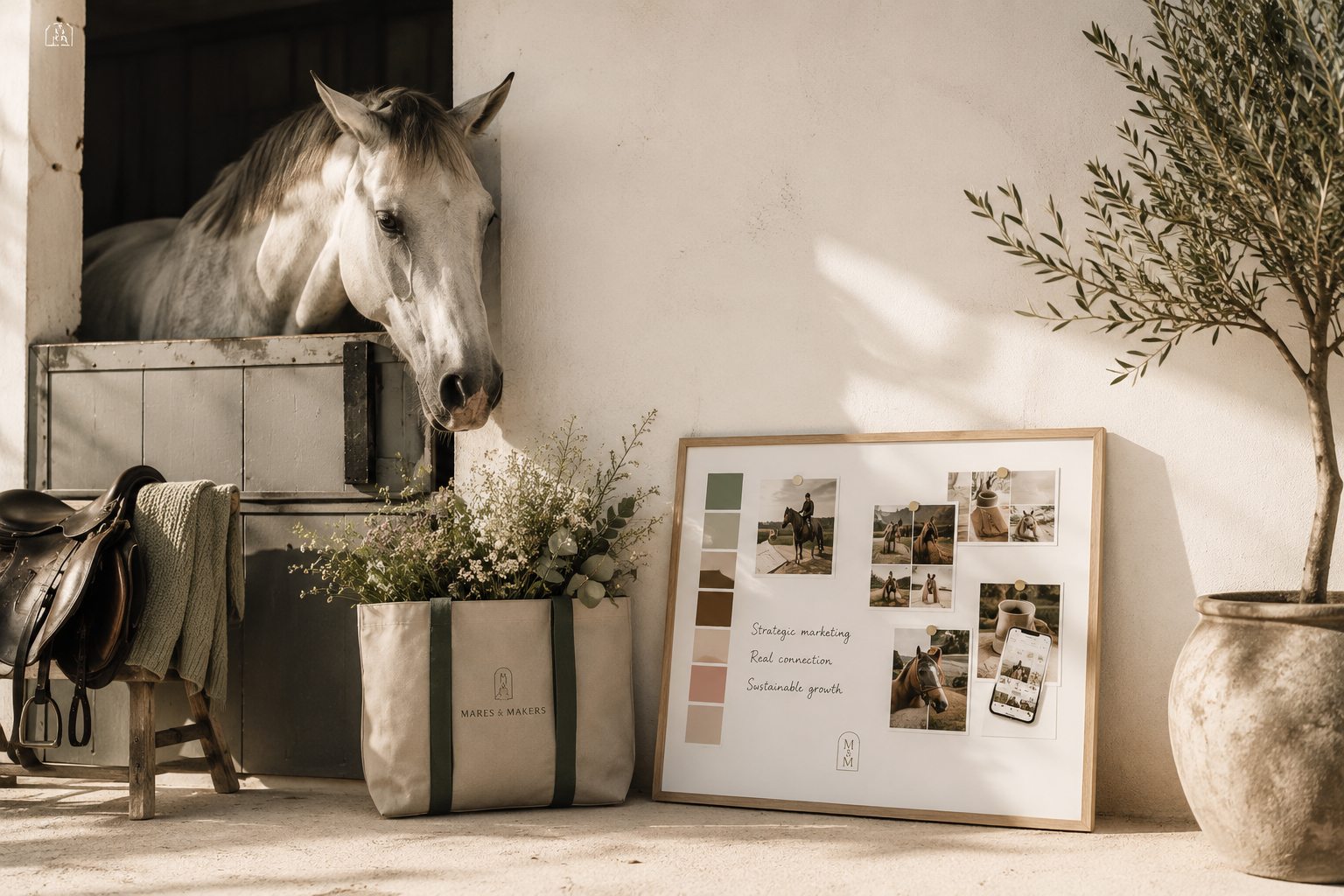 A grey horse looking out of a stable door beside a Mares & Makers tote and a framed brand board reading strategic marketing, real connection, sustainable growth